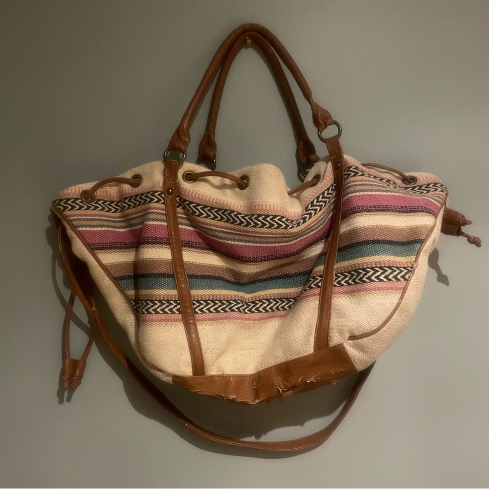 American Eagle Woven canvas and faux leather tote